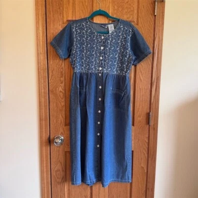 Erika & Co миниатюрный джинсовой ткани Midi платье синий вышитый короткий рукав повседневный v-образным вырезом M - Изображение 1 из 4