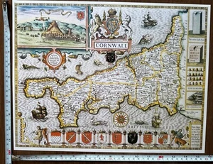 Old Antique Tudor Poster Picture map Cornwall: Speed 1600's 15" x 12" Reprint - Picture 1 of 23