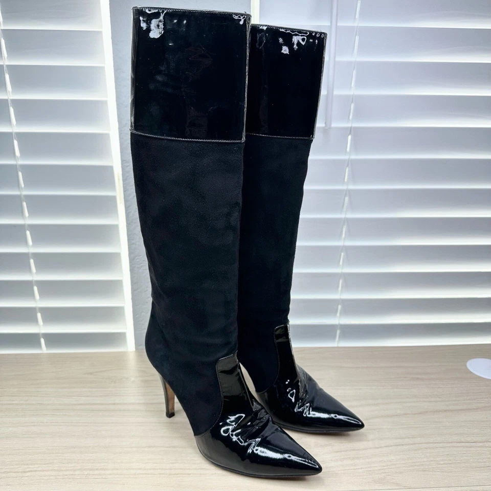 Kate Spade Boots Womens 6.5 Black Pointed Toe Patent Leather Stiletto Suede - Image 1 of 4
