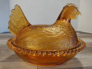 Vtg Amber Chicken Hen on Nest Candy Dish 7" Depression Glass - Picture 1 of 7