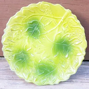 MCM Milk Glass Hand Painted Green Leaf 5.5" Trinket Plate - Picture 1 of 8