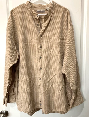 VTG Fieldmaster Shirt Men 2XL Linen Cotton Button Beige Tan Gray Stripe Western - Image 1 of 4