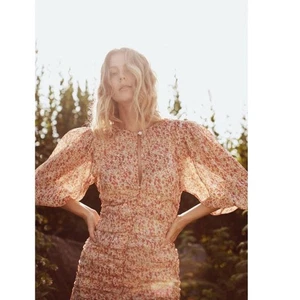 byTiMo Chiffon Rouch Mini Dress Sheer Flowers Small Orange NWT - Picture 1 of 11