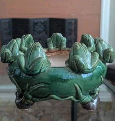 Vintage Majolica Large Frog Round Pottery Bowl Ceramic Planter Whimsical Art - Image 1 of 4