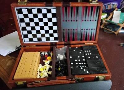 Vintage Backgammon Dominos Chess Cribbage Set Faux Leather Travel Case Complete - Image 1 of 4