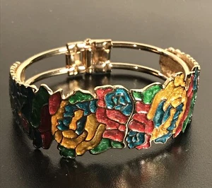 Unbranded Heavy Gold Tone Blue Green Red Yellow Enamel Bangle Bracelet 2.75” - Picture 1 of 2