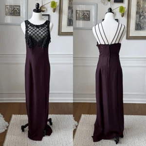 Vintage 80s 90s Purple Black Mesh Beaded Illusion Bodice Formal Gown M - Picture 1 of 9