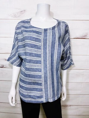 Top Caslon Mujer Talla M Azul y Blanco Rayas Cuello Redondo 100% Lino Foto 1 de 4