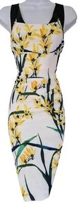 Womens Karen Millen White Yellow Floral Satin Draped Cutout Bodycon Dress 8. - Picture 1 of 11