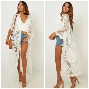 Scalloped Sheer Mesh Lace Boho Kimono Coverup Wrap Duster Women's - Picture 1 of 7