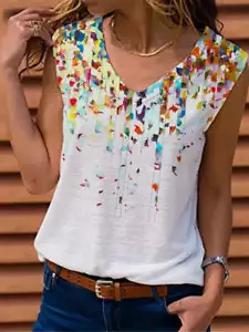 Plus Size 1XL-5XL Women's Fashion Top V-neck Flower Print Printed - Picture 1 of 11