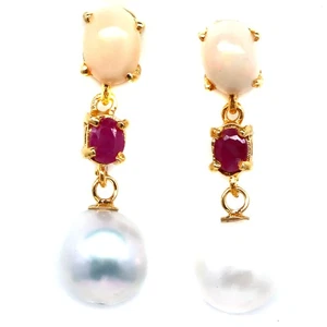 925 Sterling Silver 9 MM. White Pearl, Multicolor Opal & Red Ruby Earrings - Picture 1 of 4