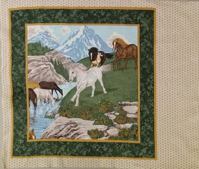 Vintage ~"River Run ~ Herd of Horses"~ Cotton Fabric Panel ~ 15.5"x16.25" - Image 1 of 3