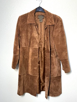 Abrigo de cuero Brandon Thomas para mujer mediano marrón gamuza retazos forrado trinchera Y2K Foto 1 de 4