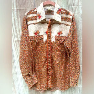 Goatroper 70’s vintage cowgirl western pearl snap floral lace button shirt M - Picture 1 of 10