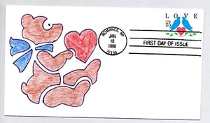 #2440 LOVE SERIES LOVE BIRDS & HEART HAND COLORED FDC, TEDDY BEAR - Picture 1 of 1