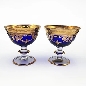 Italienisch Blau Glas Fuß Dessert Goldrand Weinkelch SC Linie Vintage 2er Set LESEN - Bild 1 von 9