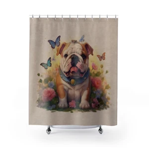 Bulldog Bull Dog Puppy Flowers & Butterflies Fabric Bathroom Shower Curtain - Picture 1 of 4