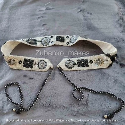 Gray and black fabric belt hand-embroidered with beads and sequins - Image 1 of 4
