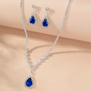 Women"s Luxury Necklace Earrings Set CZ Love Drop Pendant Jewelry Silver Steel - Picture 1 of 9