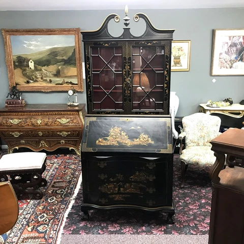 Asian Style Chinoiserie Decorated Slant Front Secretary Desk Cover