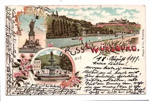 Litho Ak Gruss aus Würzburg 1899 Kilian Brunnen - Bild 1 von 2