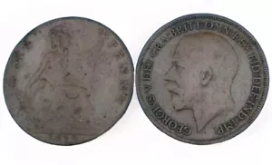 1913 & 1917 UK Large Bronze Penny Lot-Very Good-9.45 Grams 30.8 MM KM# 810 - Picture 1 of 6