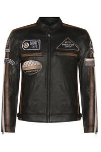 Mens Black Leather Biker Jacket Retro Casual Zipped Racing Moto Badges Motorbike - Picture 1 of 4