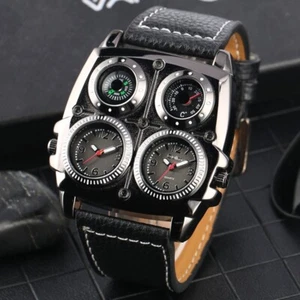 Oulm Mens Watches Leather Strap Military Quartz Watch Unique Big Size Wristwatch - Picture 1 of 10