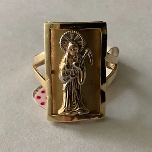 14k Yellow White Gold Santa Muerto Angel of Death Grim Reaper Ring Size 7 - Picture 1 of 12
