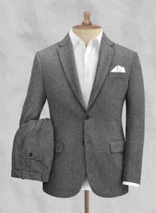 Tuta da smoking uomo grigio chiaro spina di pesce tweed a scacchi festa ballo sposo personalizzato - Foto 1 di 10