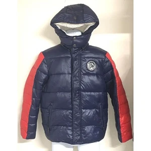 Diesel Boys XL Size 14 Only The Brave Sherpa Hooded Puffer Jacket Blue Red - Picture 1 of 12