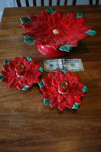 Vintage Ceramic Poinsetta Cake Plate & Candle Holders 1957 Signed - Picture 1 of 9