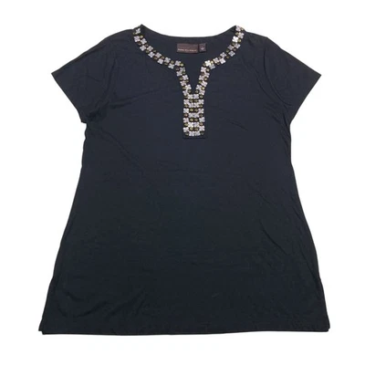Dana Buchman | Black Short Sleeve Beaded Neck Tunic | Women's Size L - Image 1 of 4
