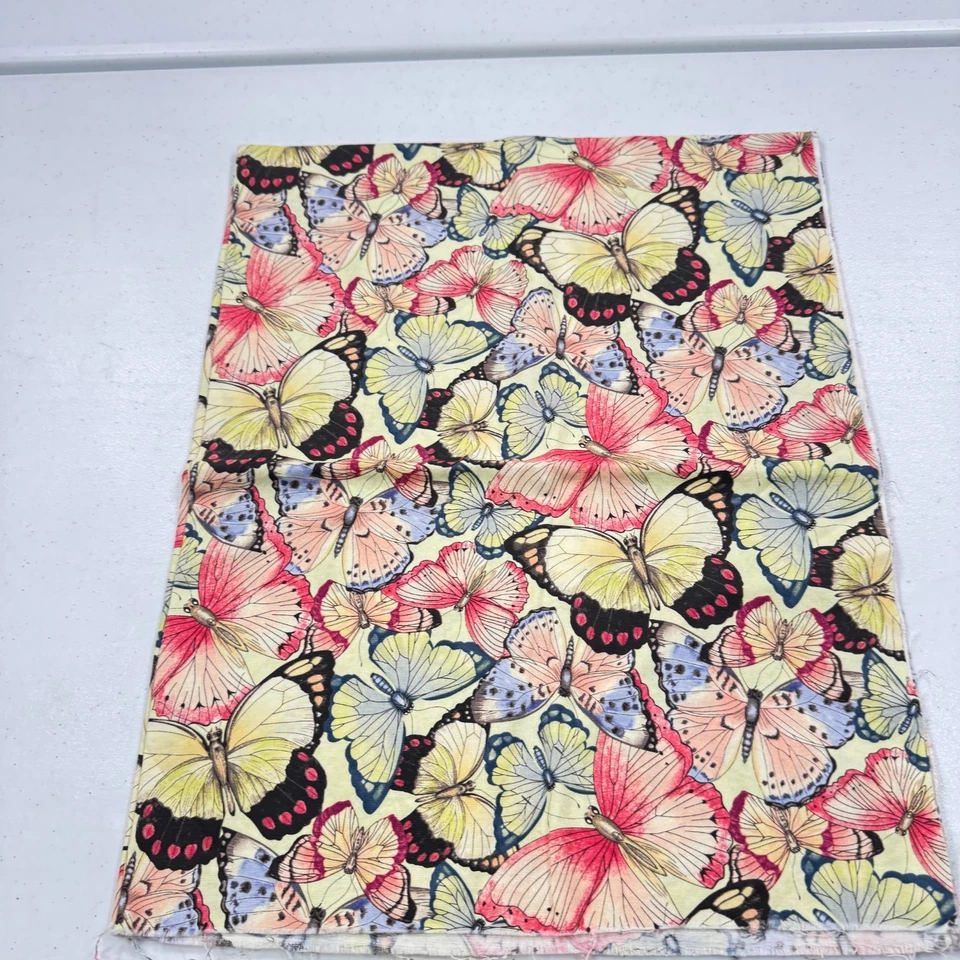 vintage quilting fabric pink yellow butterflies cotton  28x35 - Image 1 of 4