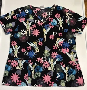 Disney Tinkerbell Scrub Nurse Medical Shirt Uniform Black Size Medium - Picture 1 of 6