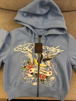 NUEVO CON ETIQUETAS ED HARDY Swallow Bird Cremallera Logo Sudadera con Capucha Azul Polvo ~ Pequeña Foto 1 de 4