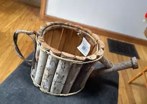 Rustic Birch Wood Barrel Planter With Metal Bands For Home & Garden Decor - Picture 1 of 10