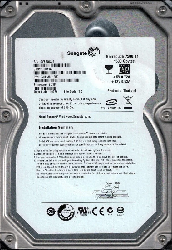 ST31500341AS P/N: 9JU138-259 F/W: SD1B TK 9VS3 Seagate 1.5TB - Image 1 of 1