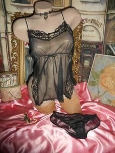 XS Sheer Black Babydoll Nightie & Panty Nylon Chiffon 2ply mushroom gusset - Picture 1 of 5