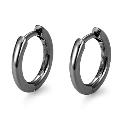 Classic Elegant Pure Solid 925 Sterling Silver Black Small Hoop Earrings - Image 1 of 4