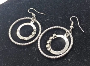 Dangle Hoop Earrings Silver Tone Metal Clear Rhinestones French Wire 2" drop - Picture 1 of 5