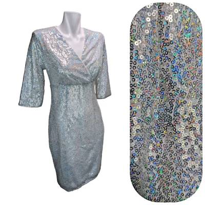 Vestido de fiesta Belle Poque vaina para mujer M plateado forrado con lentejuelas cuello en V cremallera trasera Foto 1 de 4