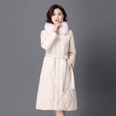 Womens Real Fox Fur Collar Leather Sheepskin Down Jacket Coat Mid Long Overcoats - Image 1 of 4