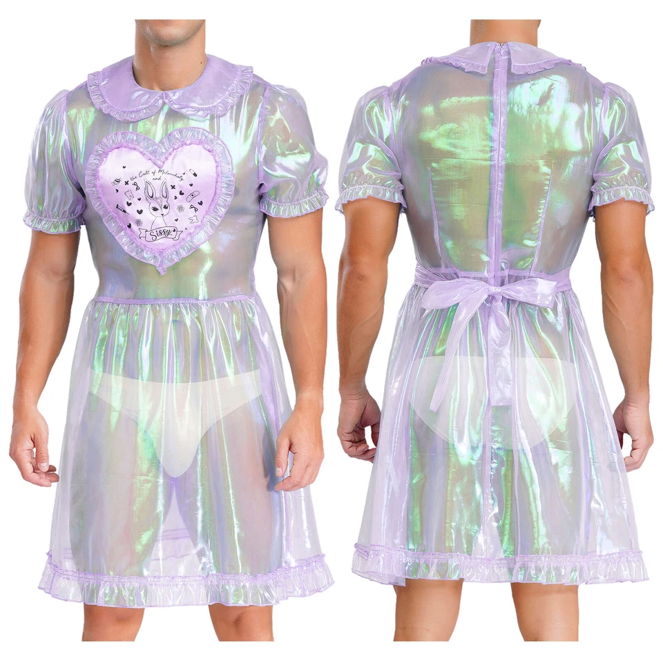 Para hombres Sissy Vestido Travesti Brillante Transparente Ropa de Noche Volantes Vestido Femenino Pijama Foto 1 de 3