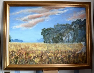 Pintura al óleo original enmarcada sobre lienzo, campos de verano, malvas Wayne firmadas - Imagen 1 de 4