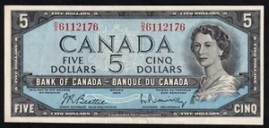 Canada 1954 $5 Five Dollar Banknote Beattie - Rasminsky D/X 6112176 - Picture 1 of 2