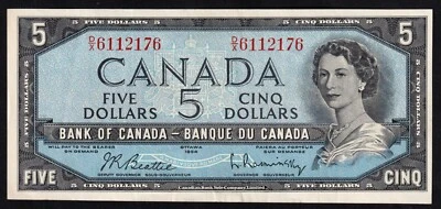 Canada 1954 $5 Five Dollar Banknote Beattie - Rasminsky D/X 6112176 - Image 1 of 2