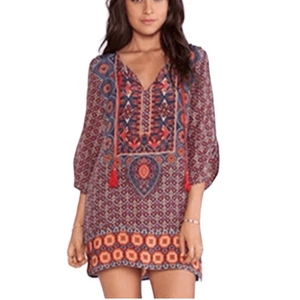 Tolani Seide Mehrfarbig Bohemian Tunika Säulenkleid 3/4 Arm Bindekragen Damen M - Bild 1 von 7