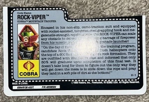 Vintage 1989 GI Joe ARAH Cobra Rock Viper Original File 1/2 Card Only - Bild 1 von 3